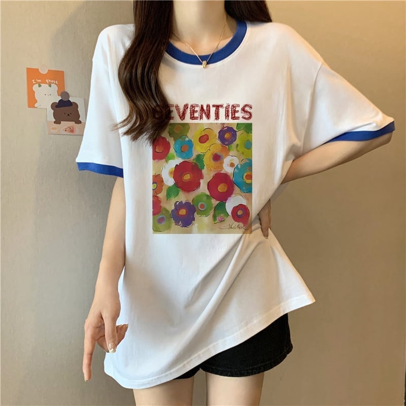 着?せ 配色 プリント ロング Tシャツ 四色 ゆったり半袖 ＜F-3019＞
