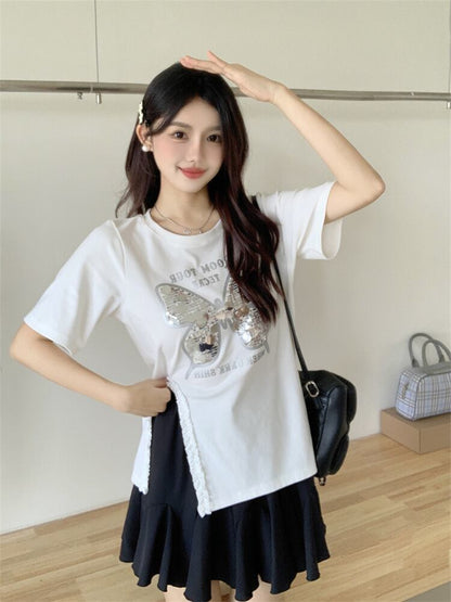 絶対欲しい キュート 超人気 ピンク プリント スパンコール 3色選択 半袖Tシャツ＜F-8570＞
