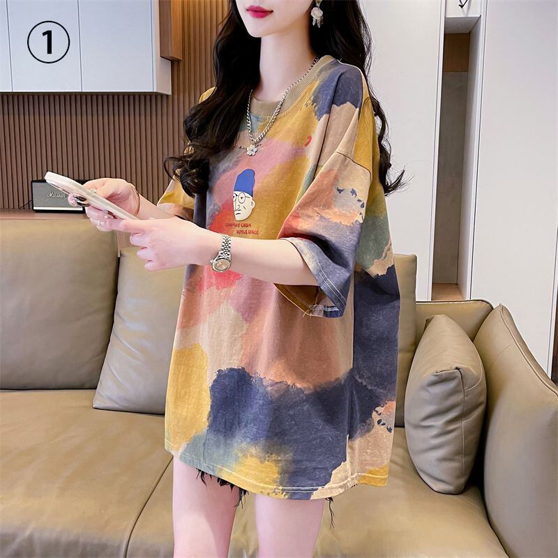 売り切れ必至 絞り染め ファッション プリント 2色選択 半袖Tシャツ＜F-8573＞