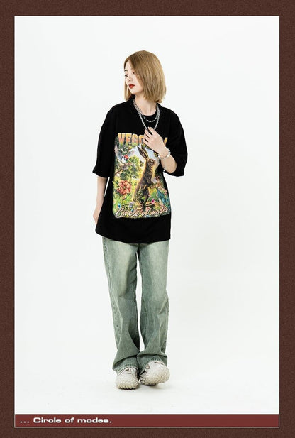 アメリカンレトロ絵画ウサギ半袖Tシャツカップル男女同スタイル<F-2910>