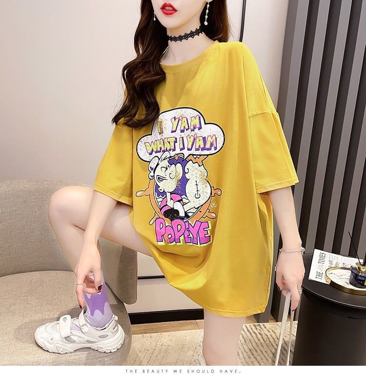 【半額！期間限定！！】グラフィック   透かし彫り Tシャツ ゆったりワンピース ＜F-4021＞