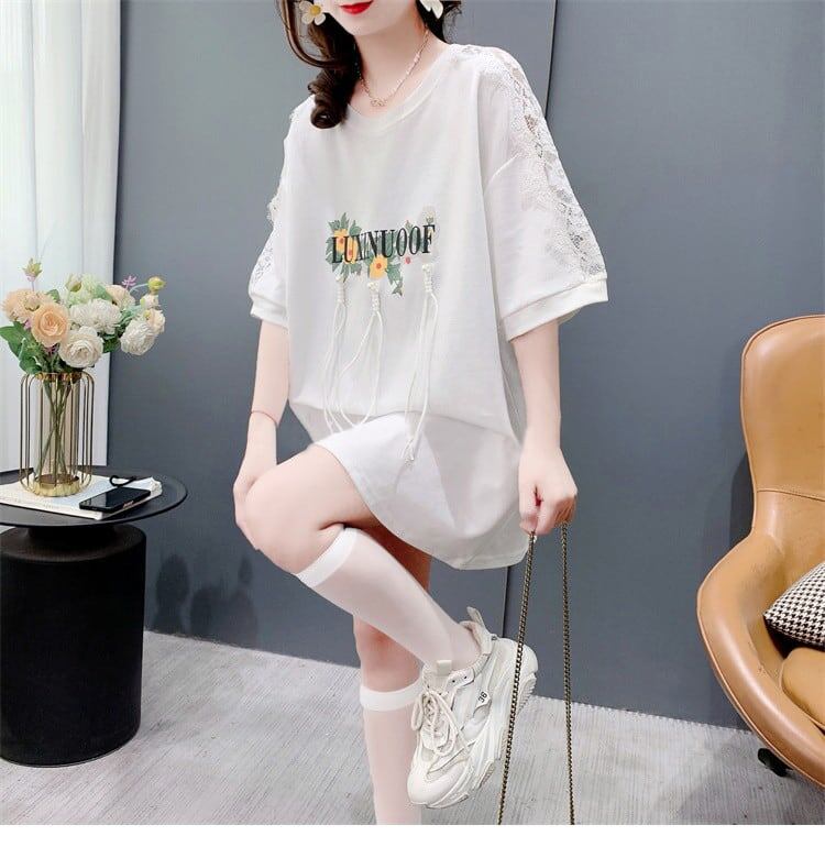 絶対欲しい レース スウィートプリント 切り替え 全2色 半袖Tシャツ ＜F-8656＞