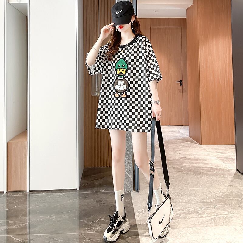 新商品 プリントTシャツ チェック柄 ゆったり半袖＜F-8694＞