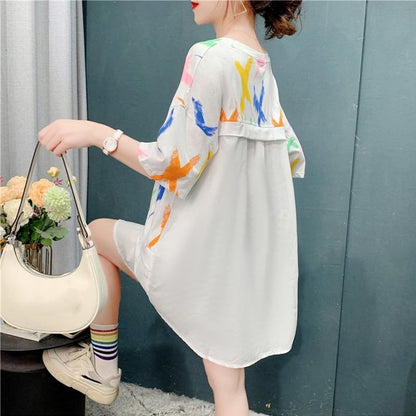 好感度満載 プリント 美感いっぱい 切り替え Tシャツ カットソー＜F-3110＞
