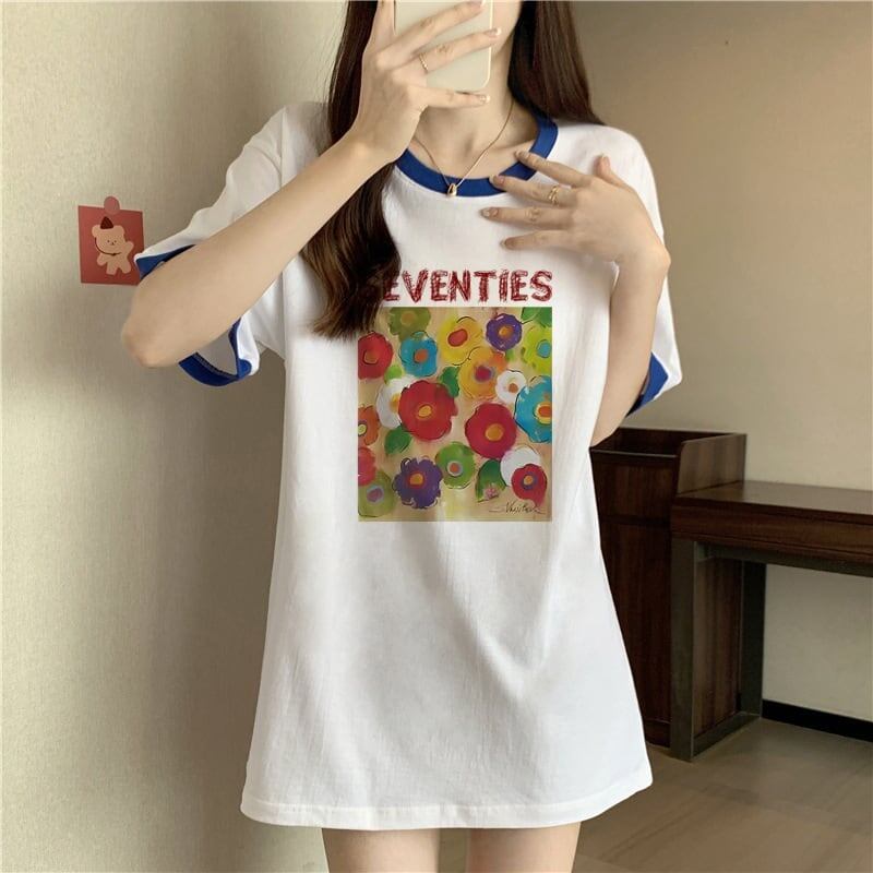 着せ   プリント Tシャツ 四色 ゆったり半袖 ＜F-3019＞