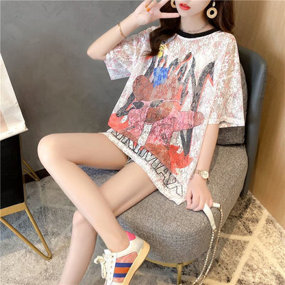 売り切れ必至 ファッション レース  透かし彫り プリント 半袖Tシャツ カットソー ＜isf-8597＞