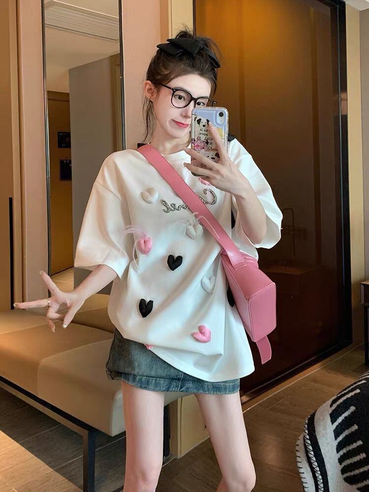 絶対欲しい ホットダイヤモンド キュート 三次元の愛 ゆったり 半袖Tシャツ＜F-8823＞