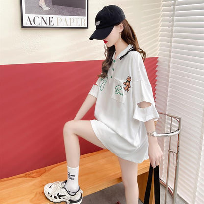 POLOネック   ベアー ロング Tシャツ 三色 ゆったりワンピース＜F-3991＞