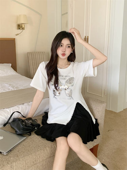 絶対欲しい キュート 超人気 ピンク プリント スパンコール 3色選択 半袖Tシャツ＜F-8570＞