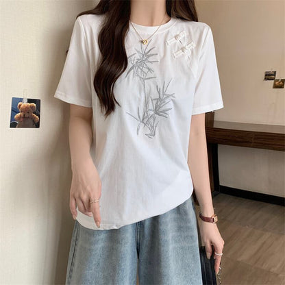おすすめ 海外トレンド カジュアル モーダル 刺繍 半袖Tシャツ＜F-8476＞