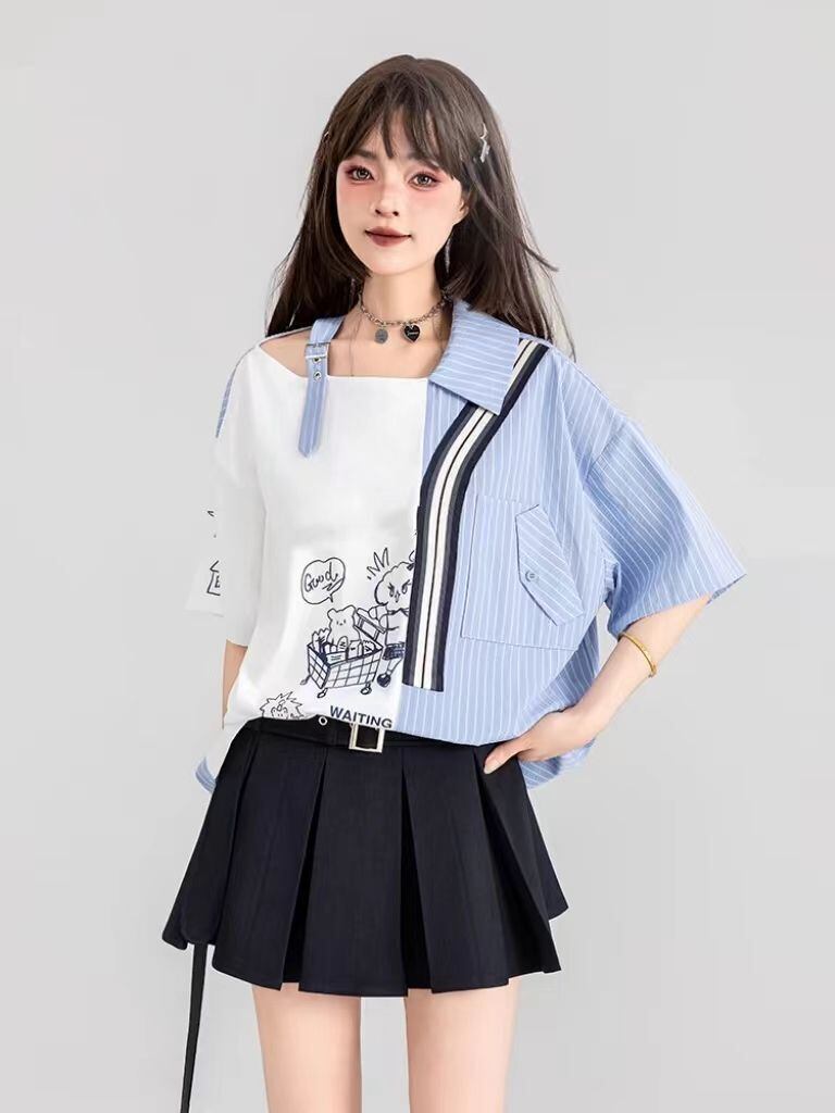 話題沸騰中 キュートストライプ柄 ファッション 切り替え 半袖Tシャツ＜F-8695＞