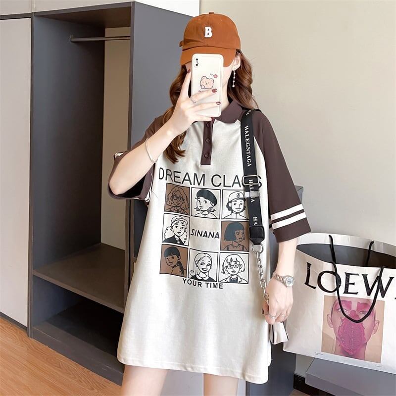 早い者勝ち   POLOネック ロング ラグランTシャツ ゆったりワンピース＜F-4027＞