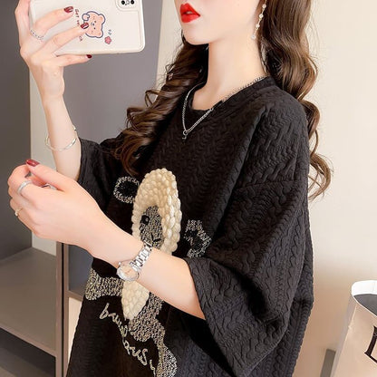 高級立体ハンドビーズコットン半袖Tシャツ<F-2998>
