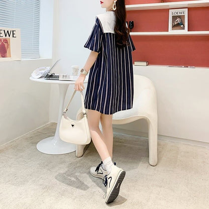 ネイビーカラーのストライプのウエスタンスタイルの年齢を軽減するドレス<F-2864>