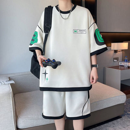 早い者勝ち カジュアル ファッション 切り替え 全3色 半袖ＴシャツⅹパンツセットF-8950
