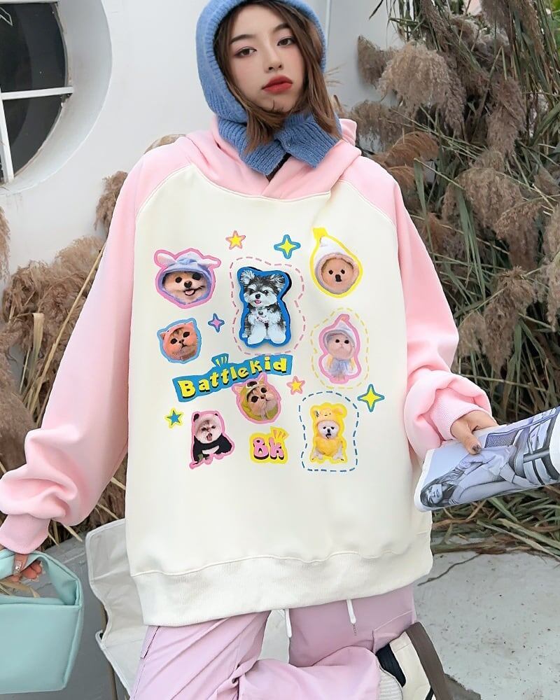 超人気商品猫柄犬柄ロゴ厚手ラグランパーカー全3色オーバーサイズトップス＜F-4473＞