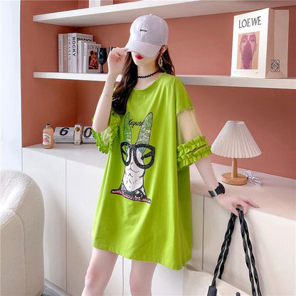 着回し力抜群 チュール 新作 切り替え ピンク プリント スパンコール プリント全3色 半袖Tシャツ カットソー ＜F-8557＞