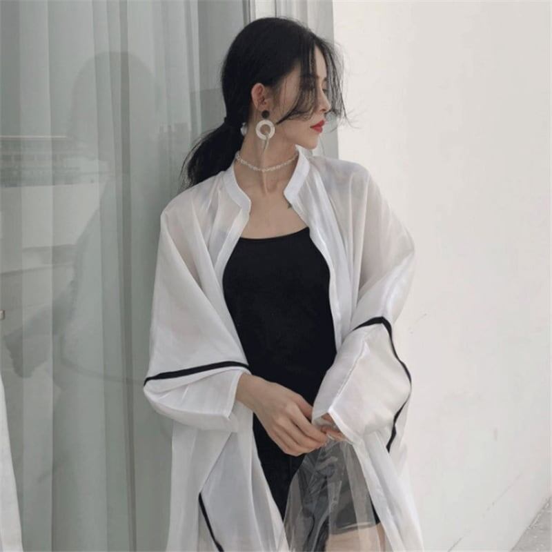 韓国系ゆったりUVカットロング丈薄手シャツ＜F-1714＞