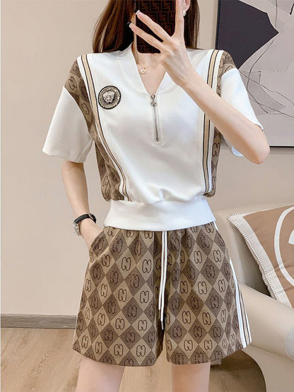 話題沸騰中 上質 おすすめ カジュアル 切り替え 半袖Ｔシャツ ショートパンツ セットアップ <F-8860>