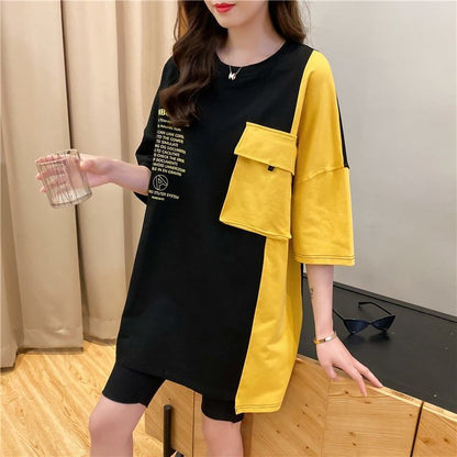 韓国系配色切り替えロングゆったり三色半袖Tシャツ＜F-1625＞