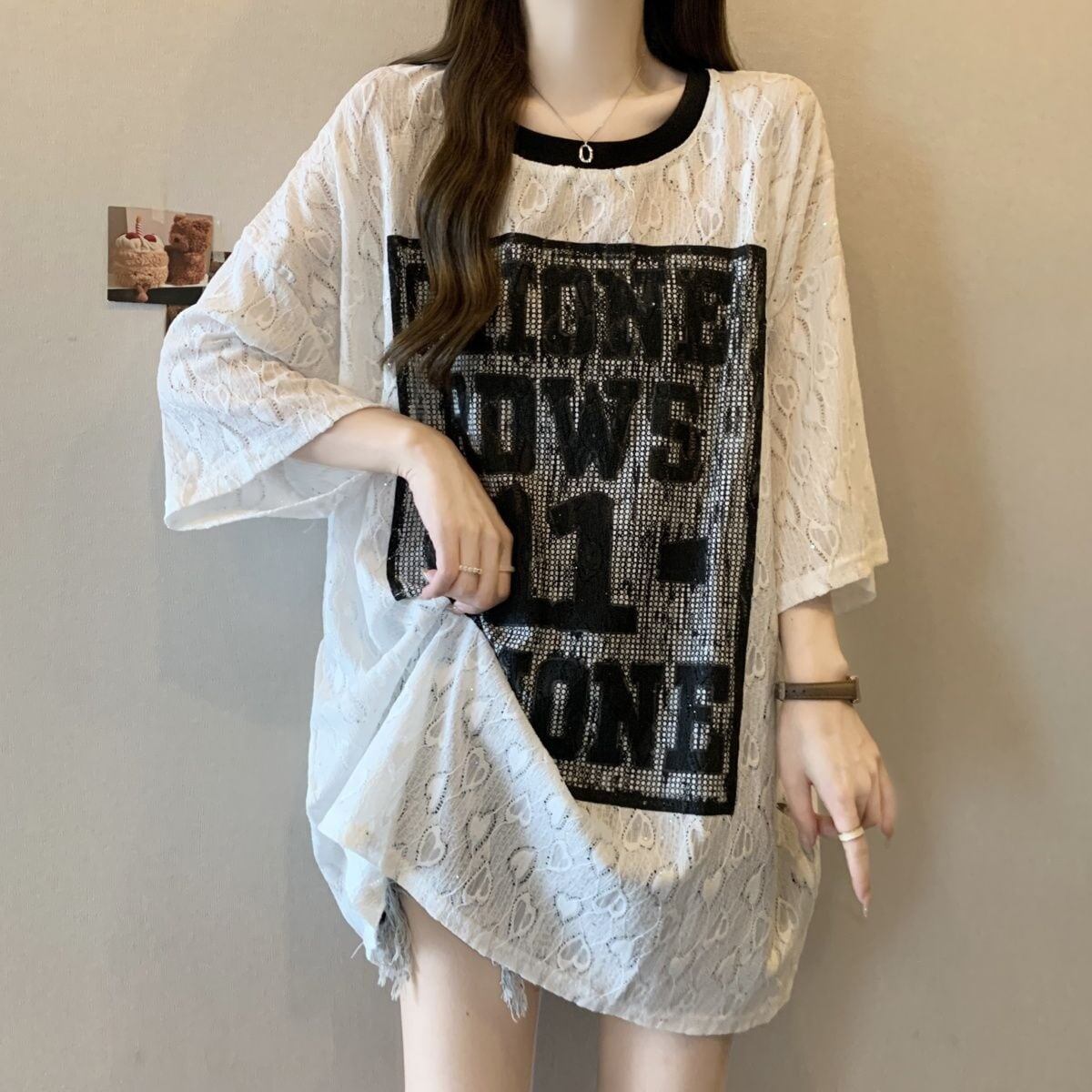 超人気 アバンギャルド 絶対流行 レース プリント全2色 半袖TシャツF-8798