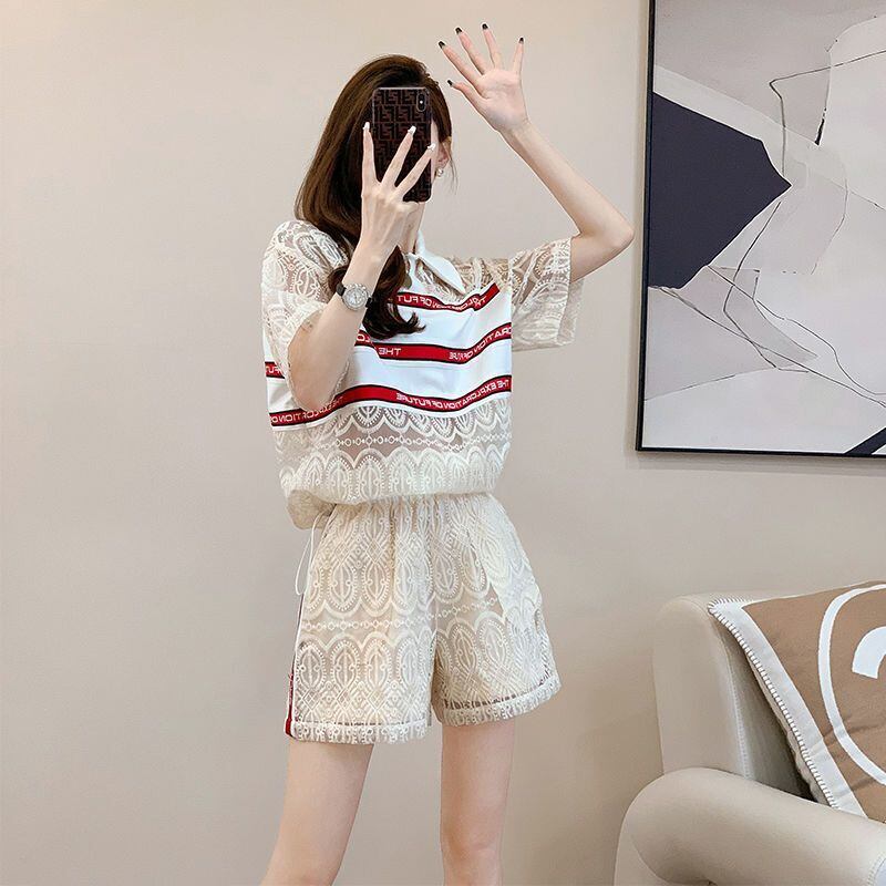 新商品 上品 着心地良い カジュアル 透かし彫り 半袖 Tシャツ ショートパンツ セットアップ ＜F-8785＞