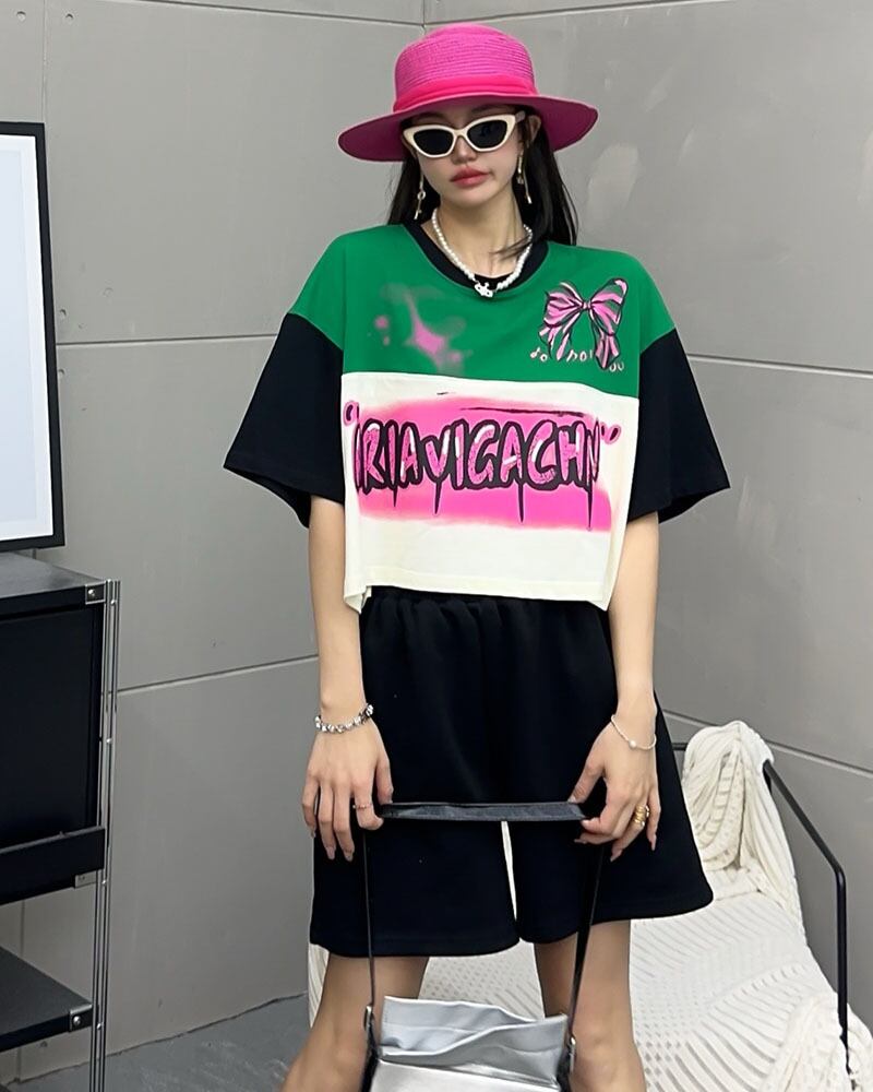 着回し力抜群 切り替え三色 韓国系 ゆったり半袖Tシャツ ＜F-8455＞
