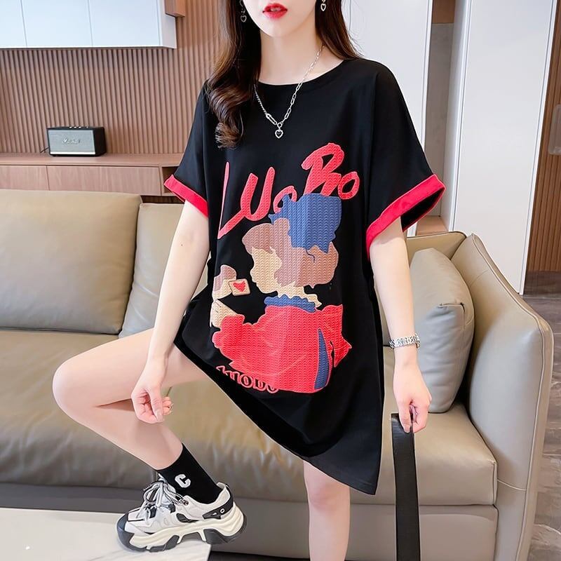 気質とデザインセンスを備えた対照的な色の漫画半袖Tシャツ<F-2990>