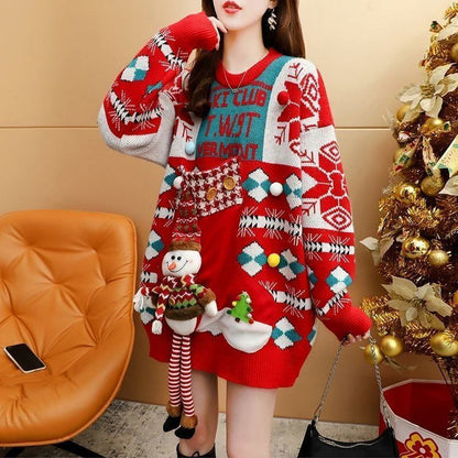 絶対欲しいクリスマスロゴゆったりニットセーター全2色   <F-4557>
