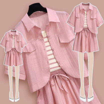定番シンプル 紫外線対策 上品 全3色 シャツ+パンツセット ＜F-8655＞