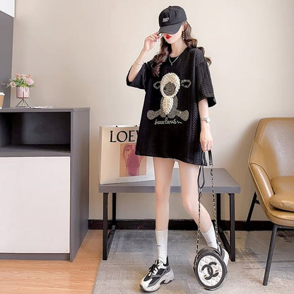 高級立体ハンドビーズコットン半袖Tシャツ<F-2998>