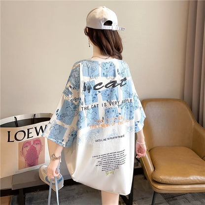 【半額！期間限定！！】大好評 プリント 猫柄 ロング Tシャツ 四色 ゆったりワンピース ＜F-4017＞