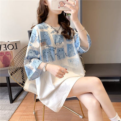 【半額！期間限定！！】大好評 プリント 猫柄 ロング Tシャツ 四色 ゆったりワンピース ＜F-4017＞