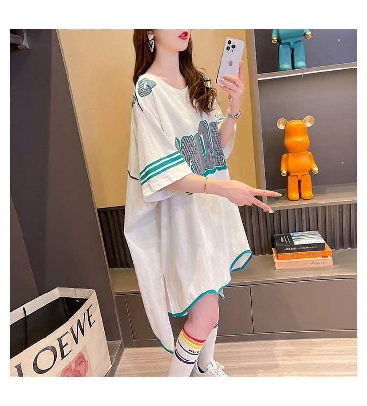 おしゃれ度アップ アルファベット フィッシュテール プリントTシャツ ゆったり半袖＜F-3012＞