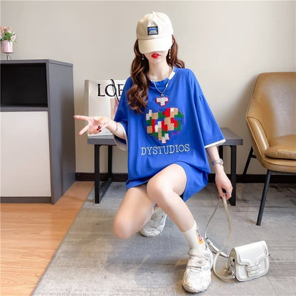 とてもデザイン性の高いモザイクエレメント半袖Tシャツ<F-2986>