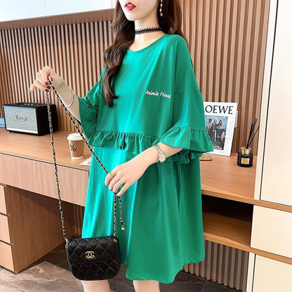 【半額！期間限定！！】合わせやすい 切り替え フリル プリント Tシャツ ゆったりワンピース＜F-3008＞
