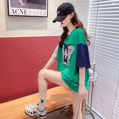 気質漫画カラーマッチング偽ツーピース半袖Tシャツ<F-2997>