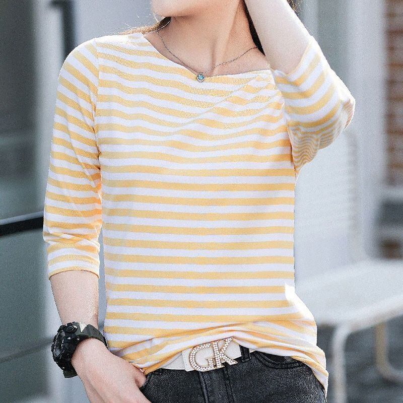 お買い得 定番シンプル 大活躍 着心地抜群 ストライプ柄 全4色 7分袖 Tシャツ ＜F-9134＞