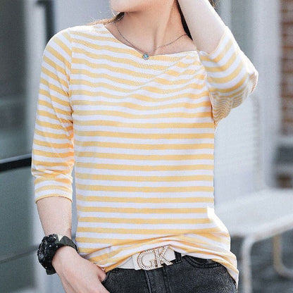 お買い得 定番シンプル 大活躍 着心地抜群 ストライプ柄 全4色 7分袖 Tシャツ ＜F-9134＞