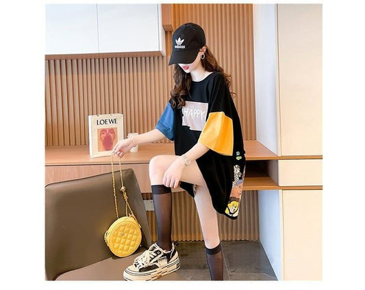遊び心溢れるキュートなデザインのレディースゆったり半袖Tシャツ<F-2855>