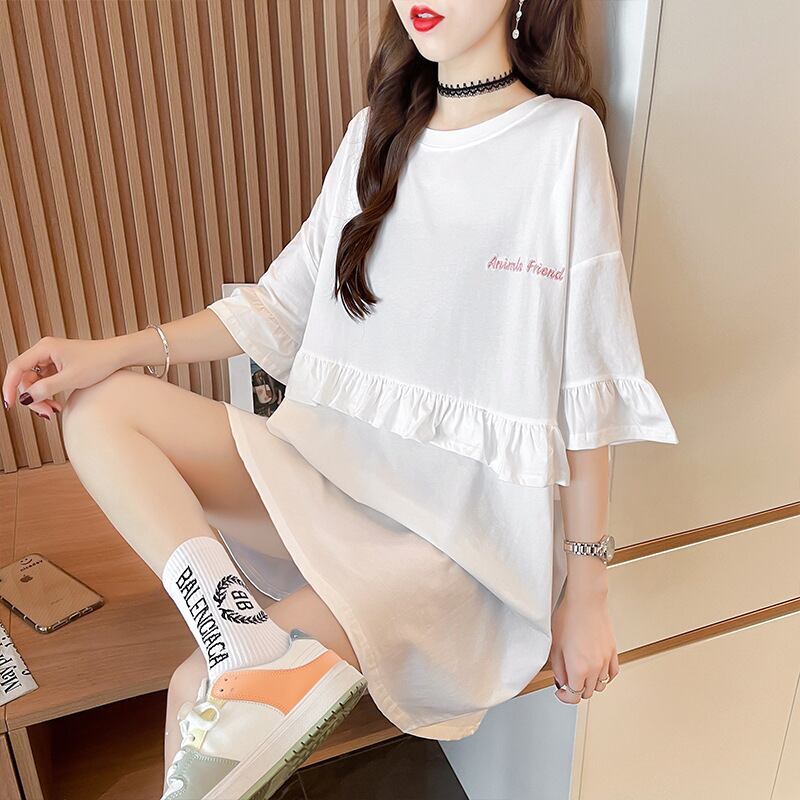 【半額！期間限定！！】合わせやすい 切り替え フリル プリント Tシャツ ゆったりワンピース＜F-3008＞