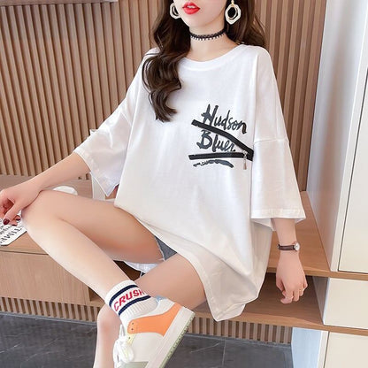 デザイン個性ゆったりミドル丈半袖TシャツF-3036