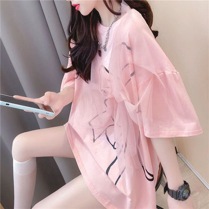 美人度アップ リボン スウィート プリント全2色 半袖TシャツF-8726