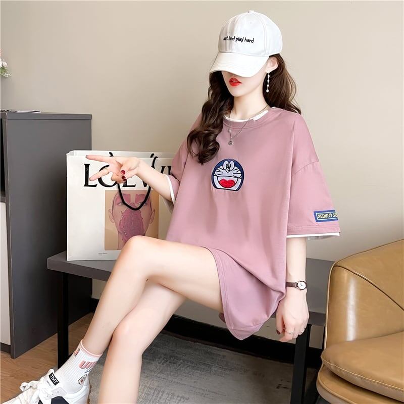 韓国系 ドロップショルダー 刺? レイヤードTシャツ ゆったり半袖 ＜F-3053＞