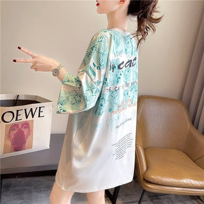 【半額！期間限定！！】大好評 プリント 猫柄 ロング Tシャツ 四色 ゆったりワンピース ＜F-4017＞