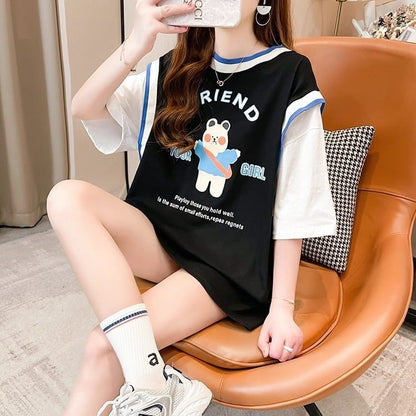 デザインセンス漫画フェイクツーピース半袖Tシャツ<F-3037>