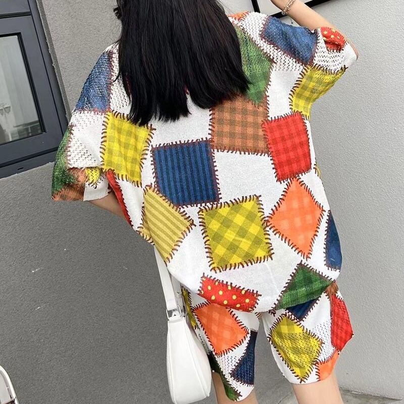 絶対欲しい アイスシルクニット ジオメトリック柄 半袖 Tシャツ ショートパンツ セットアップ ＜F-8983＞