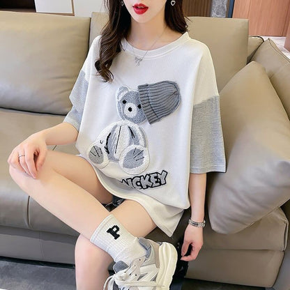 夏新作   ベアー刺繍 ロング Tシャツ ゆったり半袖 ＜F-2850＞