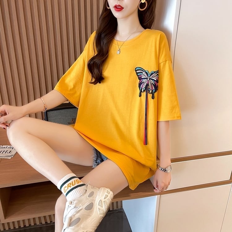 最新デザインセンス刺繍純綿ルーズ半袖Tシャツ<F-2949>