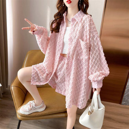韓国風ファッション 着心地良い スタイルアップ 全3色 シャツ＋ショートパンツ セットアップ＜F-9085＞